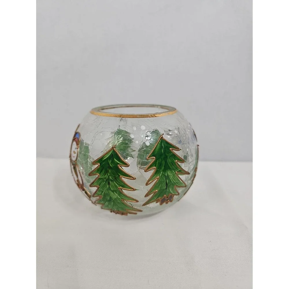 Crackle Glass Votive Hand Painted Snowman Christmas EUC